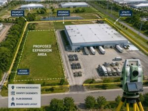 Aerial industrial site with warehouse, paved yard, trucks, and marked survey boundaries for planned expansion.