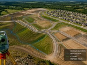Aerial view of residential community land being planned with roads, graded lots, and terrain data for a topographic survey.